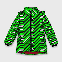 Куртка зимняя для девочки Чёрно-зелёный линейный узор киберпанк, цвет: 3D-красный