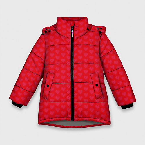 Зимняя куртка для девочки Красные сердечки на красном фоне / 3D-Светло-серый – фото 1