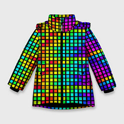 Зимняя куртка для девочки Разноцветные квадраты на чёрном фоне
