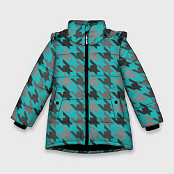 Куртка зимняя для девочки Узор гусиные лапки бирюзовые, цвет: 3D-черный