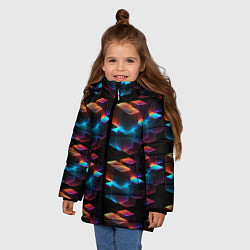 Куртка зимняя для девочки Разноцветные неоновые кубы, цвет: 3D-черный — фото 2