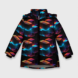 Куртка зимняя для девочки Разноцветные неоновые кубы, цвет: 3D-светло-серый