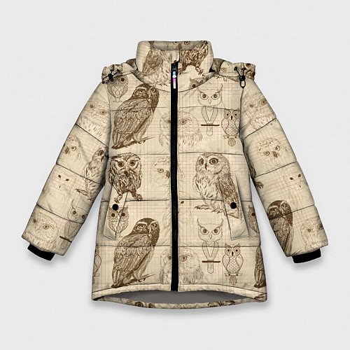 Зимняя куртка для девочки Эскизы сов тетрадный лист в клетку / 3D-Светло-серый – фото 1