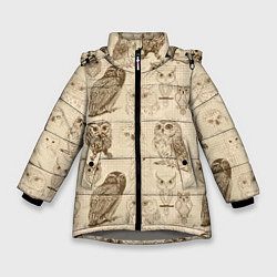 Куртка зимняя для девочки Эскизы сов тетрадный лист в клетку, цвет: 3D-светло-серый