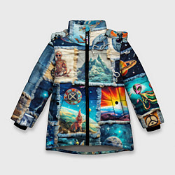 Куртка зимняя для девочки Разнообразие миров - пэчворк, цвет: 3D-светло-серый