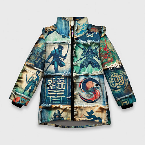 Зимняя куртка для девочки Самураи на пэчворк дениме / 3D-Светло-серый – фото 1
