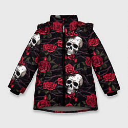 Куртка зимняя для девочки Черепа с алыми розами, цвет: 3D-светло-серый