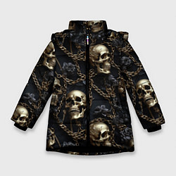 Куртка зимняя для девочки Прикованные золотой цепью черепа, цвет: 3D-черный