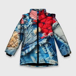 Куртка зимняя для девочки Авангардный джинсовый пэчворк - нейросеть, цвет: 3D-черный