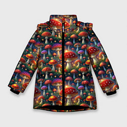Зимняя куртка для девочки Красные мухоморы в лесу паттерн
