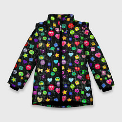 Куртка зимняя для девочки В смайликах, цвет: 3D-черный