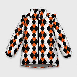 Куртка зимняя для девочки Чёрные и оранжевые ромбы на белом фоне, цвет: 3D-светло-серый
