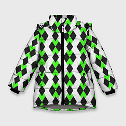 Куртка зимняя для девочки Чёрные и зелёные ромбы на белом фоне, цвет: 3D-светло-серый