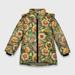 Куртка зимняя для девочки Желтые подсолнухи и пшеница, цвет: 3D-светло-серый