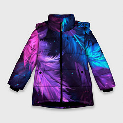 Куртка зимняя для девочки Искрящиеся перья в розовых и голубых оттенках, цвет: 3D-черный