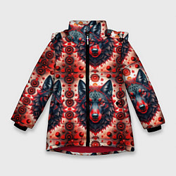 Куртка зимняя для девочки Серые волки на красном фоне, цвет: 3D-красный