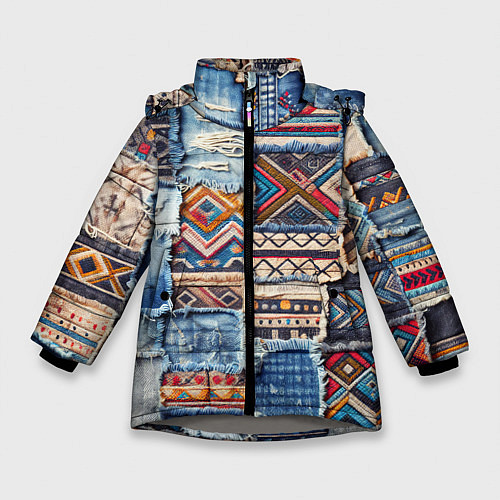 Зимняя куртка для девочки Пэчворк узоры индейцев / 3D-Светло-серый – фото 1