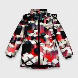 Куртка зимняя для девочки Черно-белые блоки в красном тумане, цвет: 3D-черный