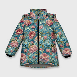 Куртка зимняя для девочки Пионы паттерном садовые крупные цветы, цвет: 3D-светло-серый