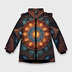 Куртка зимняя для девочки Симметричный орнамент - мандала узор со светящейся, цвет: 3D-черный