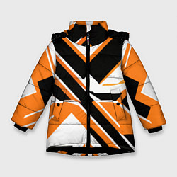 Куртка зимняя для девочки Чёрно-оранжевые широкие линии на белом фоне, цвет: 3D-черный
