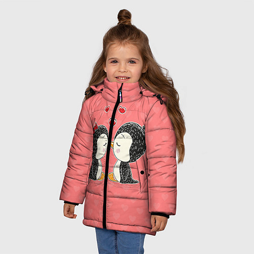 Зимняя куртка для девочки Влюбленные пингвины / 3D-Светло-серый – фото 3