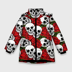 Куртка зимняя для девочки Черепа в розах, цвет: 3D-черный