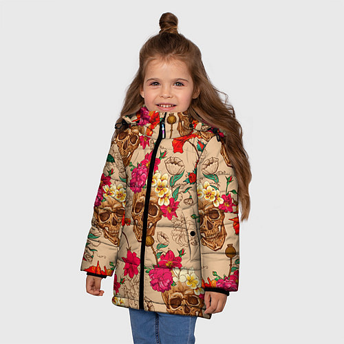 Зимняя куртка для девочки Черепа в цветах / 3D-Черный – фото 3