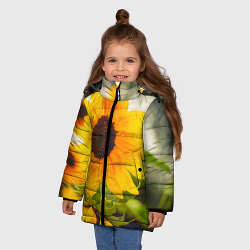 Зимняя куртка для девочки Подсолнухи / 3D-Черный – фото 3