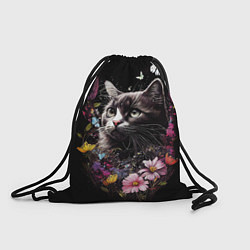 Рюкзак-мешок Черный кот на летнем лугу, цвет: 3D-принт