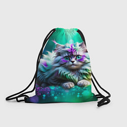 Рюкзак-мешок Пушистый котенок в бирюзово фиолетовом боке, цвет: 3D-принт