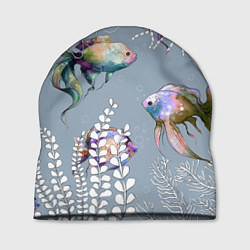 Шапка Разноцветные акварельные рыбки и белые водоросли, цвет: 3D-принт