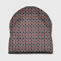 Шапка Красный, черный квадраты на гранжевом сером, цвет: 3D-принт