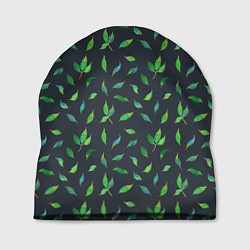 Шапка Зеленые листья и веточки на темном фоне, цвет: 3D-принт