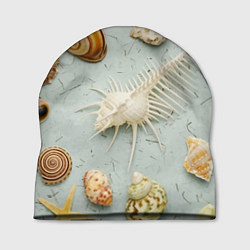 Шапка Океанские ракушки и морские звёзды на песке, цвет: 3D-принт