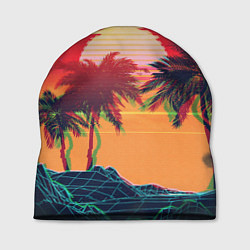 Шапка Пальмы и пляж на закате с помехами VHS ретро дизай, цвет: 3D-принт