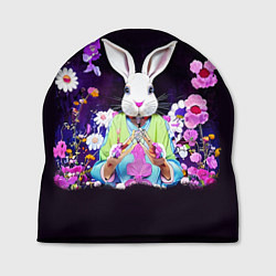 Шапка Кролик в цветах на черном фоне, цвет: 3D-принт