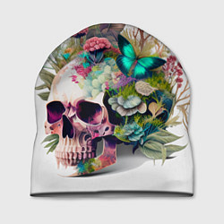 Шапка Красивый череп с листьями и бабочками, цвет: 3D-принт