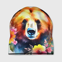 Шапка Морда медведя гризли с цветами акварелью, цвет: 3D-принт