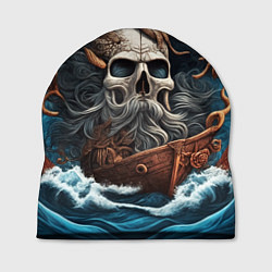 Шапка Тату ирезуми черепа пирата на корабле в шторм