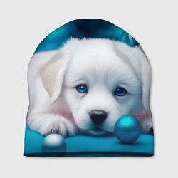 Шапка Белый щенок с розовыми и голубыми шариками, цвет: 3D-принт