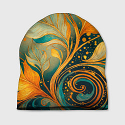Шапка Золотые и бирюзовые листья абстракция, цвет: 3D-принт