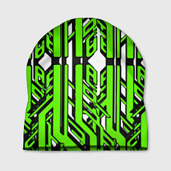 Шапка Чёрно-зелёные техно полосы на белом фоне, цвет: 3D-принт