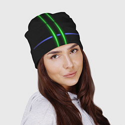 Шапка Neon black light blue green line, цвет: 3D-принт — фото 2