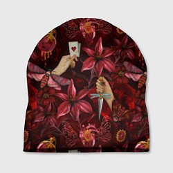 Шапка Бордовая готика с сердцем, лилиями и мотыльками, цвет: 3D-принт