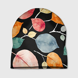Шапка Разноцветные акварельные листья на чёрном, AI, цвет: 3D-принт