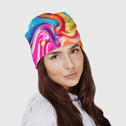 Шапка Смесь красно-жёлто-голубых масляных красок абстрак, цвет: 3D-принт — фото 2