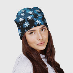 Шапка Стилизованный паттерн со снежинками тёмно-синий, цвет: 3D-принт — фото 2