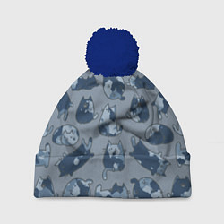 Шапка с помпоном Камуфляж с котиками серо-голубой, цвет: 3D-тёмно-синий