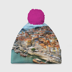 Шапка с помпоном Порту, оранжевые крыши, лодки, цвет: 3D-малиновый